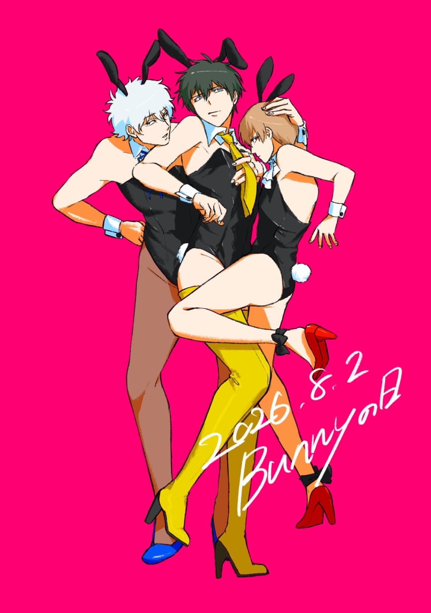 3boys alternate_costume black_hair boots brown_hair bunny_ears bunnysuit crossdressing full_body gintama gintoki_sakata high_heels hijikata_toshiro male male_only male_playboy_bunny necktie okita_sougo pantyhose pink_background standing thigh_boots white_hair