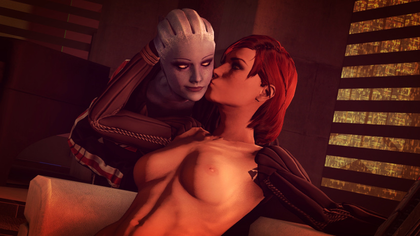 2girls 3d 3d_(artwork) asari becausewhynot01 commander_shepard deus_ex female female_only femshep kiss_mark kissing liara_t'soni mass_effect mass_effect_2 mass_effect_3 relaxing sex uncensored yuri