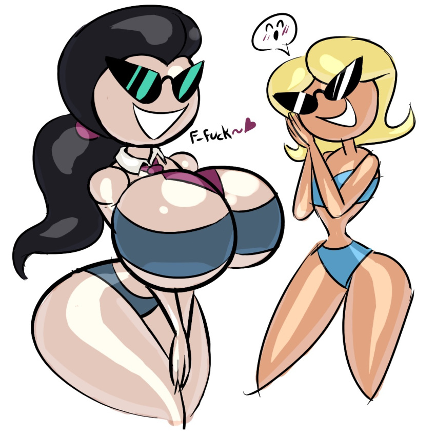 2girls big_breasts bikini black_hair blonde_hair collar dialogue disney female flat_chest knick_knack large_hips necktie noonun pixar ponytail short_hair smiling sunglasses sunnification sunny_miami thin_waist tie transformation underboob wide_hips