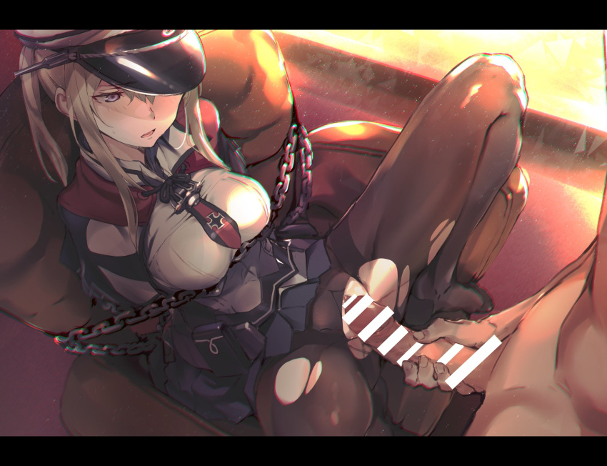 1boy afukuro bar_censor big_breasts black_legwear blonde_hair blue_eyes blush bondage bound breasts capelet censored chains chair clothed_female_nude_male cross female graf_zeppelin_(kantai_collection) hair_between_eyes hat highres impossible_clothes indoors jacket kantai_collection large_breasts letterboxed light_particles long_hair male military military_uniform miniskirt necktie nude open_mouth pantyhose peaked_cap penis pussy sidelocks skirt spread_legs sunlight sweatdrop tsurime twintails uniform vaginal_penetration window