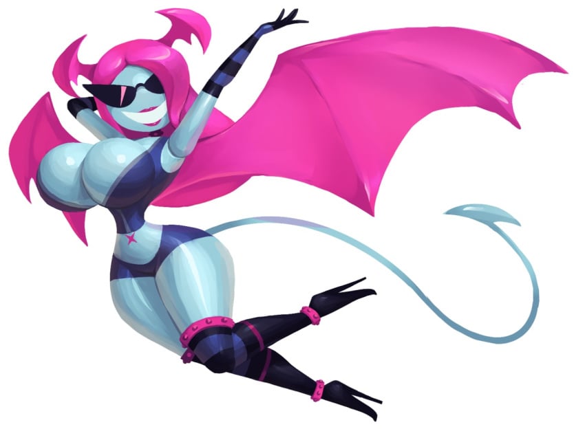 big_breasts blue_skin blue_tail boots cleavage demon disney female head_wings heel_boots high_heel_boots high_heels knick_knack large_hips lipstick noonun permanent_smile pink_hair pink_lips pink_lipstick pink_wings pixar shoes smiling spade_tail striped_elbow_gloves striped_legwear succubus sunglasses sunnification sunny_persona tail thigh_highs thin_waist transformation wings