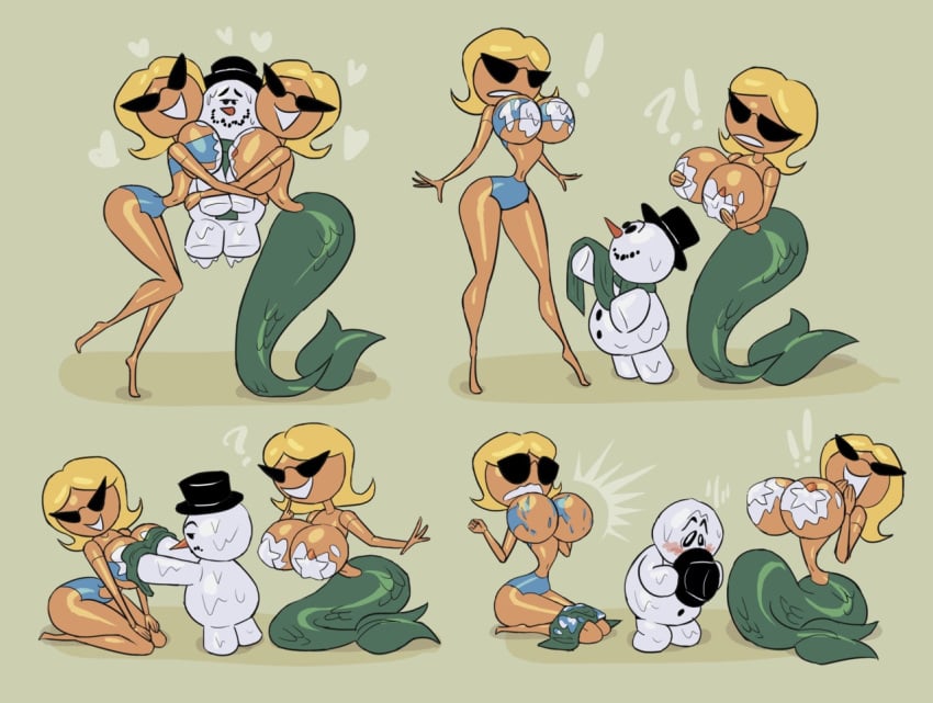 1boy 2girls big_breasts bikini blonde_hair borderless borderless_comic comic cute disney embarrassed female green_tail hugging knick knick_knack large_hips laughing male mermaid mermaid_tail nipples no_nipples noonun pasties pixar scarf short_hair smiling snow snowman sunglasses sunny_atlantis sunny_miami surprised thin_waist top_hat touching_breast wide_hips