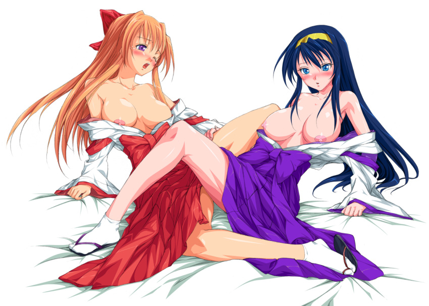 blue_eyes blue_hair blush bow breasts clothed_sex clothing female hairband hakama himemiya_chikane japanese_clothes kannazuki_no_miko kurusugawa_himeko legs long_hair miko multiple_girls orange_hair purple_eyes sayika straight_hair tabi tribadism yuri