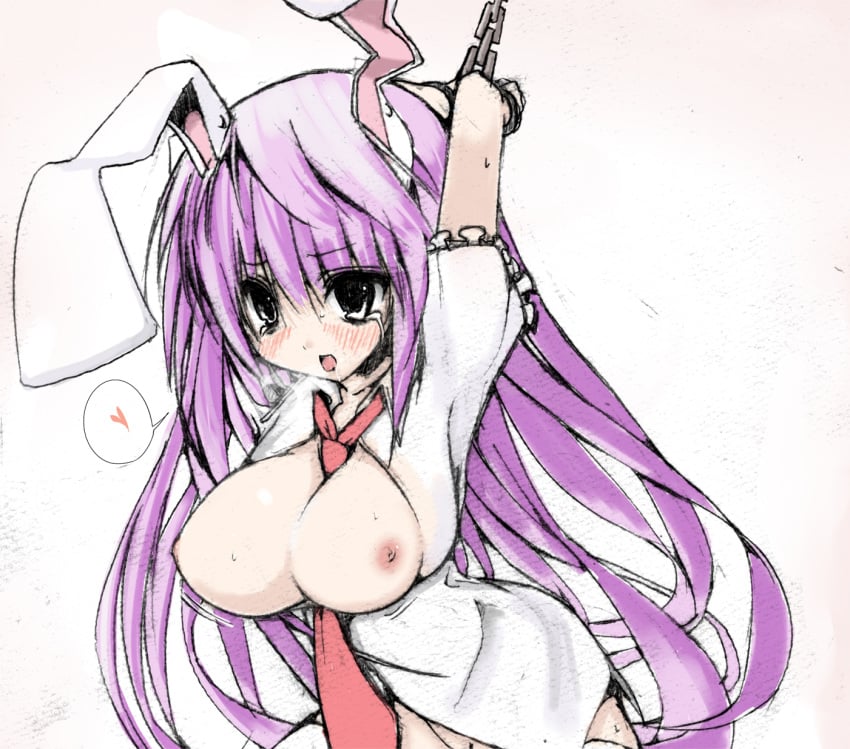 1girls animal_ears blush bondage breasts bunny_ears chains cruelty_to_animals cuffs female heart highres large_breasts long_hair necktie nipples open_clothes open_mouth open_shirt purple_hair reisen_udongein_inaba shirt solo suzume_miku suzumemiku sweat tears thighhighs touhou