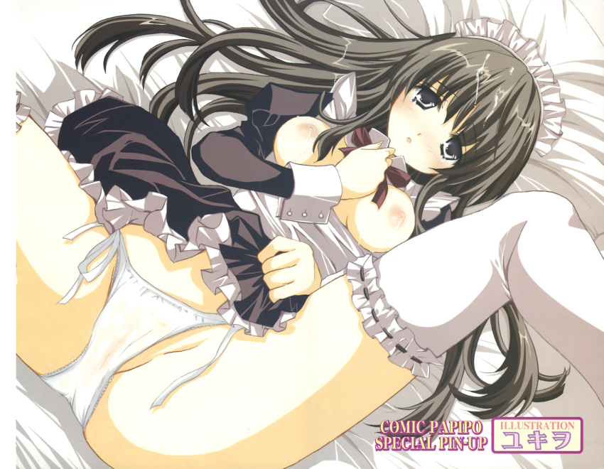 1girls black_hair blush breasts copyright_request cum cum_on_hair female framed_breasts garters highres long_hair looking_at_viewer lying maid nipples on_back open_mouth panties shirt_pull side-tie_panties solo spread_legs thighhighs underwear white_legwear white_panties white_thighhighs yukiwo