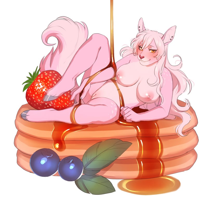 anthro blush breasts canine cervine deer female food hybrid jush looking_at_viewer mammal nipples nude pancake pussy smile solo spread_legs spreading syrup