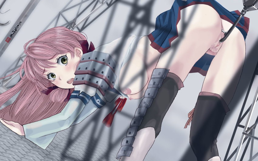 akashi_(kantai_collection) all_fours anal anal_insertion blush breasts cloritin female green_eyes hair_ribbon highres kantai_collection long_hair nipples no_panties object_insertion open_mouth pink_hair pussy ribbon school_uniform serafuku solo uncensored vaginal_insertion vaginal_penetration