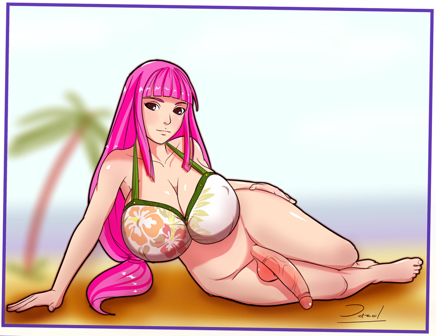 1futa beach big_breasts big_penis bikini blue_eyes bra breasts dazol dickgirl futa_only futanari hair intersex large_breasts light_skin long_penis lying_down penis pink_hair posing sand solo uncensored veiny veiny_penis