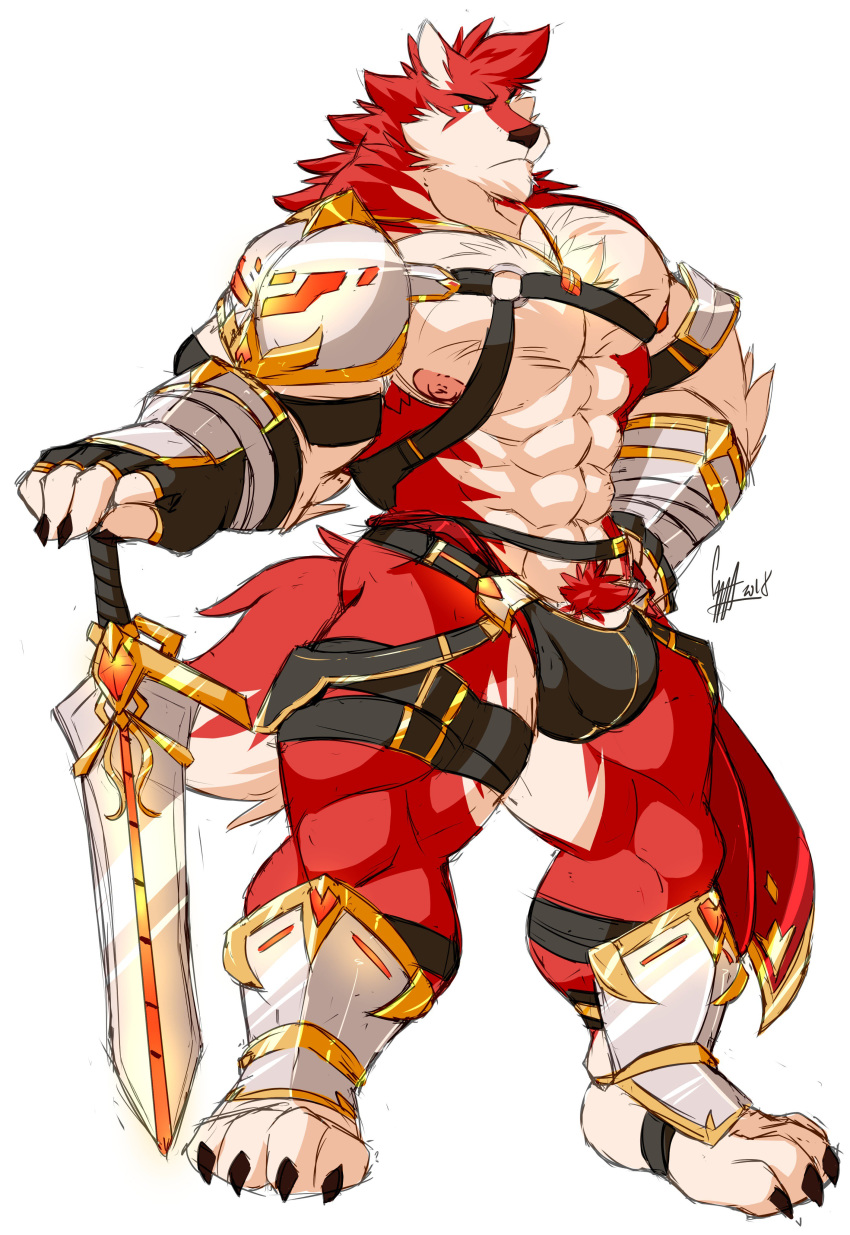 anthro armor bulge canine clothed clothing daikitei humanoid_penis male male_only mammal melee_weapon muscular muscular_male pecs penis penis_base pubes solo standing sword underwear weapon