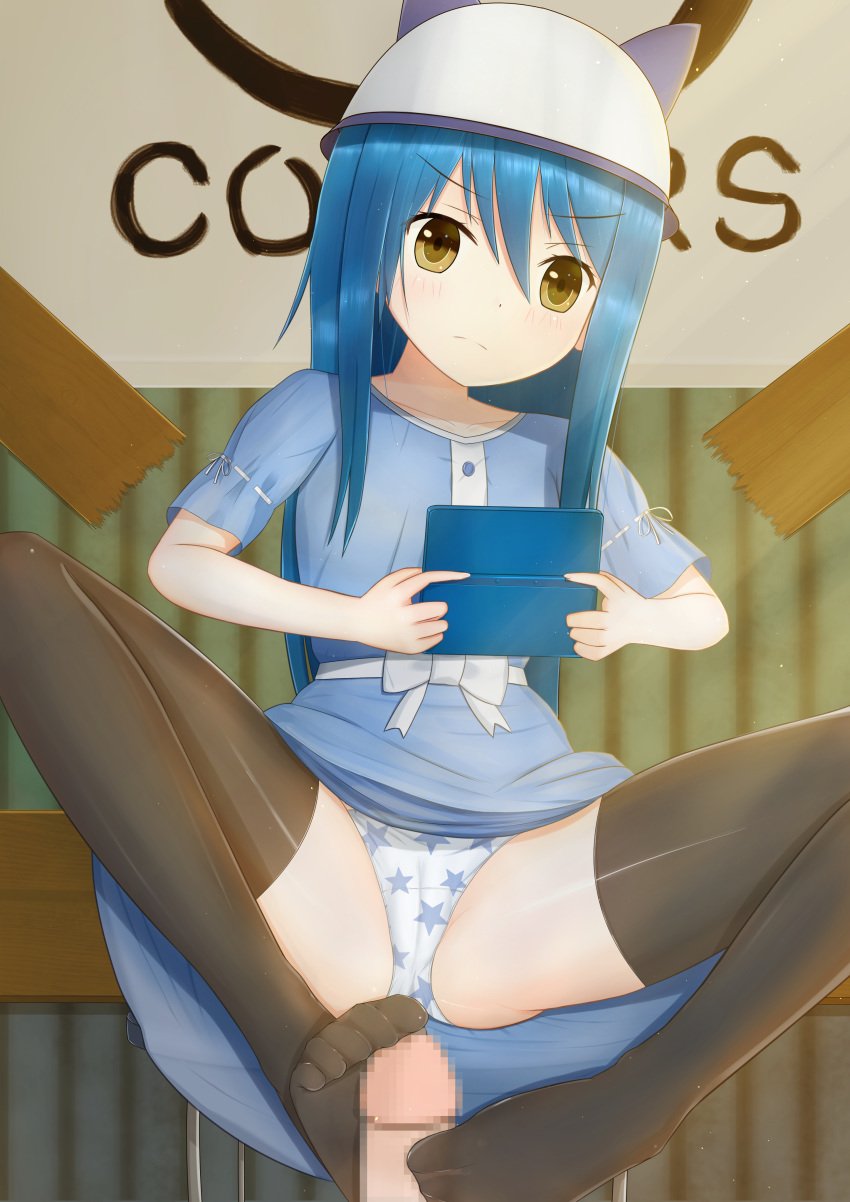 1boy absurdres black_legwear blue_hair blush breasts cameltoe electronics female footjob footjob_with_legwear game_console groin handheld_game_console hat highres kotoha_(mitsuboshi_colors) looking_at_viewer mitsuboshi_colors nc731 panties small_breasts spread_legs star_panties thighhighs underwear yellow_eyes