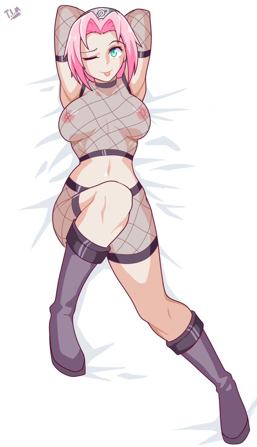 1girls :p aqua_eyes areola areolae armpits arms_behind_head bed bed_sheet big_breasts boots breasts erect_nipples eyebrows eyelashes female female_only fishnet fishnet_bodysuit fishnet_shirt fishnet_shorts fishnets forehead_protector green_eyes hair high_boots human legs looking_at_viewer naruto naruto_shippuden navel ninja nipples on_back one_eye_closed pink_hair sakura_haruno shiny shiny_skin short_hair shorts solo solo_focus theironmountain tongue tongue_out wink