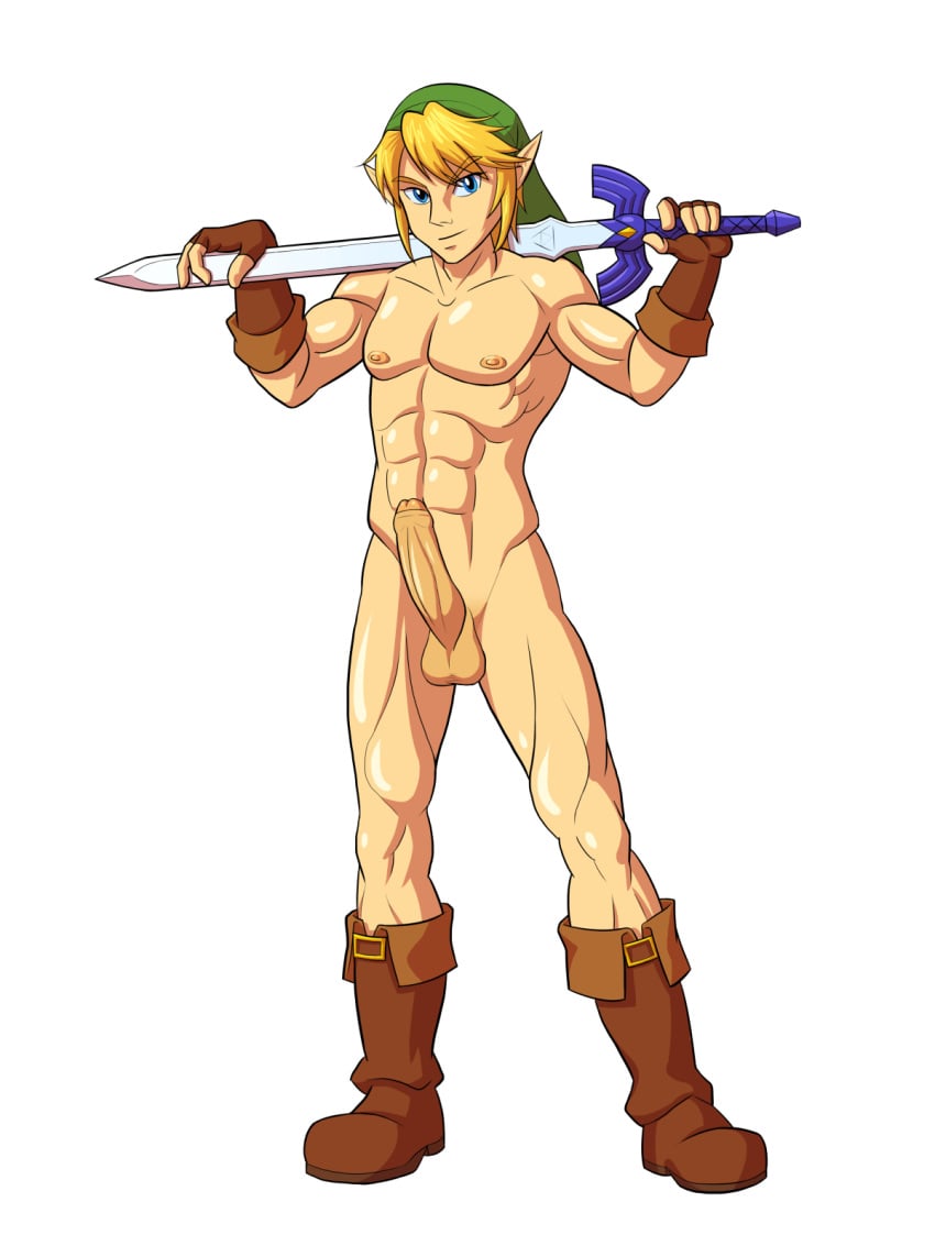 1boy abs balls biceps big_penis blonde_hair blue_eyes boots fingerless_gloves foreskin gloves hair link male male_only master_sword mattie_v muscle muscles muscular muscular_male nintendo nude penis pinup simple_background solo standing sword the_legend_of_zelda thick_penis uncut video_games white_background