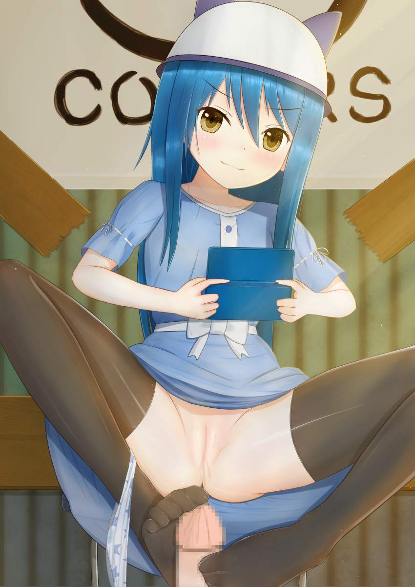 1boy absurdres black_legwear blue_hair blush breasts electronics female footjob footjob_with_legwear game_console groin handheld_game_console hat highres kotoha_(mitsuboshi_colors) looking_at_viewer mitsuboshi_colors nc731 panties panties_around_leg pussy pussy_juice small_breasts smile spread_legs star_panties thighhighs underwear yellow_eyes