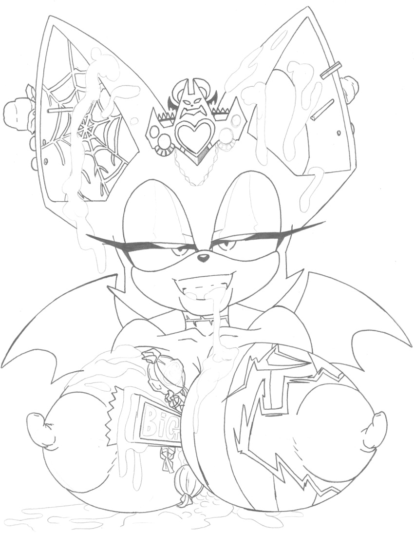 bat_ears breasts bukkake himawari large_breasts monochrome nipples rouge_the_bat semen sketch sonic_(series)