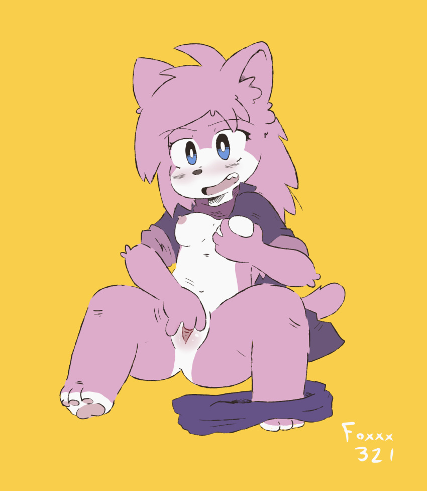 2018 aeris_(vg_cats) anthro blush breast_fondling breasts feline feline female fingering fingering_self fondling foxxx321 hand_on_breast hi_res mammal masturbation nipples open_mouth pants_around_one_leg pawpads paws pussy signature simple_background solo teeth tongue vaginal_masturbation vaginal_penetration vg_cats yellow_background