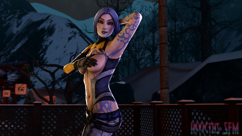 1girls 3d armpits blue_hair borderlands borderlands_2 breasts clothed female gray_eyes invictussfm maya_(borderlands) partially_clothed smile solo source_filmmaker