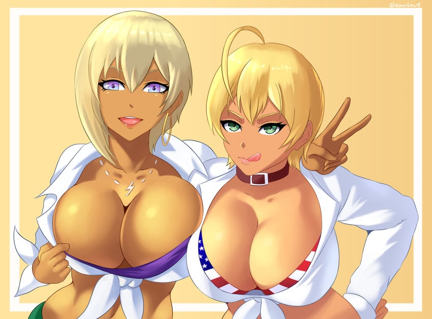 2girls ahoge american_flag american_flag_bikini blonde_hair blue_eyes breasts brown_skin cleavage collar earrings female green_eyes gyaru hajimete_no_gal huge_breasts kuro_gyaru lips lipstick mito_ikumi necklace ranko_honjou shokugeki_no_souma short_hair sowilo tan tied_shirt tongue tongue_out v