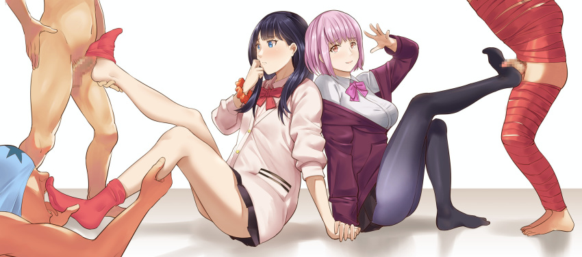 2girls 3boys ankle_socks anklehighs bangs black_hair black_legwear black_skirt blue_eyes blush bound bow breasts cardigan censored clothed_female_nude_male clothesjob collared_shirt eyebrows_visible_through_hair foot_licking footbang footjob footjob_with_legwear gradient_legwear hand_holding highres jacket large_breasts lavender_hair legs legs_up licking long_hair long_sleeves looking_at_another looking_at_viewer microskirt mosaic_censoring multiple_boys multiple_girls multiple_penises navel nude off_shoulder orange_scrunchie pantyhose penis penis_in_sock penis_under_clothes pink_eyes pleated_skirt purple_bow purple_jacket red_bow red_legwear red_neckwear red_socks school_uniform scrunchie shinjou_akane shirt skirt sleeves_past_wrists sock_on_penis sockjob socks ssss.gridman sweater takarada_rikka thighs white_cardigan white_shirt white_sweater wrist_scrunchie yonoki