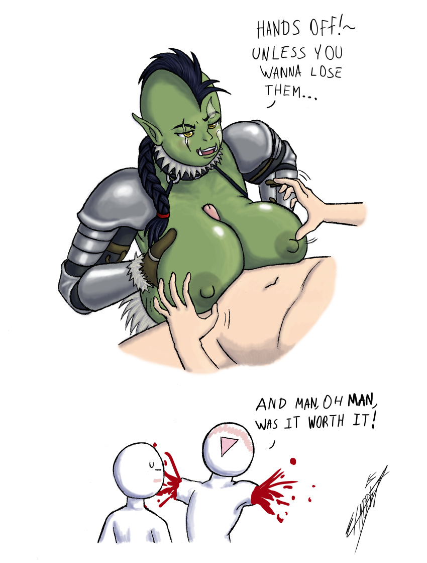 amputee armor big_breasts black_hair blood blush breasts clothing comic dialogue duo engulfing_paizuri facial_scar female gloves green_skin hair human humanoid humor male mammal mohawk naughty_face nipples noxshade orc orc_female original_character outercourse paizuri penis pointy_ears scar sex simple_background smile straight sweat tusks war_paint welfang_fireheart white_background yellow_eyes