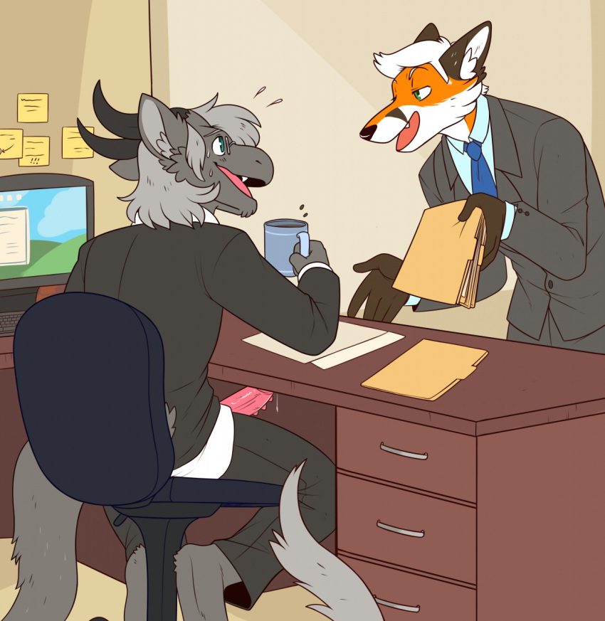 beverage canine coffee computer desk dragon embarrassed erection evillabrat fox male mammal office penis precum public unprofessional_behavior work yaoi