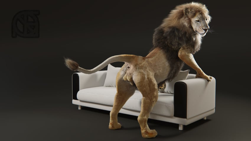 3d akili animal_genitalia anthro anus ass backsack balls cosmiclife feline feral fur hi_res lion looking_at_viewer male mammal pinup pose presenting presenting_anus presenting_hindquarters raised_tail realistic semi-anthro sofa solo spread_legs spreading standing whiskers