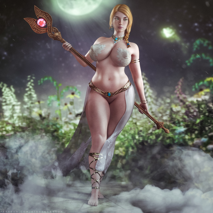 1girls 3d aurora_(zero_one) barefoot blonde_hair bottomless_skirt braided_ponytail breasts casual_nudity chubby cleavage erect_nipples feet female female_only green_eyes huge_breasts mage necklace nipple_bulge nipples no_panties realistic see-through see-through_clothing see-through_skirt skirt solo staff stevencarson thick_thighs unconvincing_armor weapon wide_hips