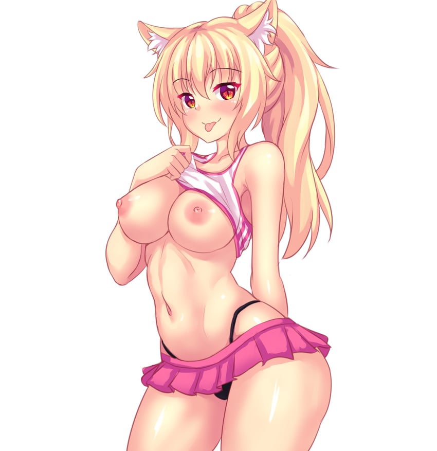 1girls :p abs animal_ears black_panties blonde_hair blush breasts cat_ears cowboy_shot eye_contact eyebrows_visible_through_hair female highleg highleg_panties highres large_breasts lifted_by_self long_hair looking_at_viewer microskirt navel nipples original original_character panties pink_skirt pleated_skirt ponytail red_eyes shirt shirt_lift simple_background skirt slit_pupils solo source_request standing thick_thighs thigh_gap tiffy tiffynyaa tongue tongue_out underwear white_background wide_hips
