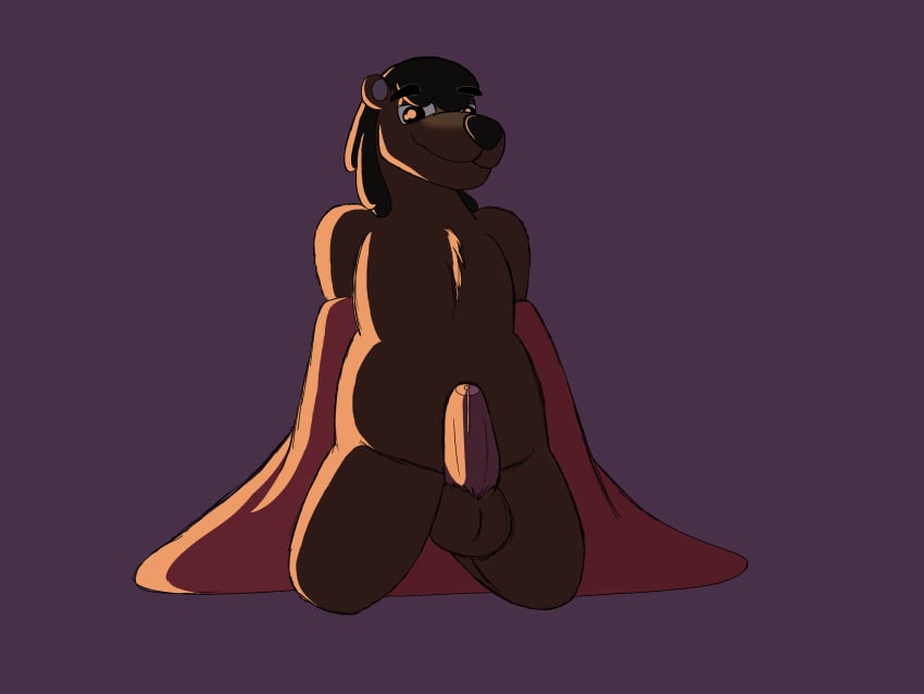 animal_genitalia anthro balls cape chest_tuft clothing cole_(ninjago) crocodilianbooty fur hair half-closed_eyes kneeling male male_only mammal ninjago nude overweight penis precum shaggy_hair simple_background smile sun_bear tuft ursine