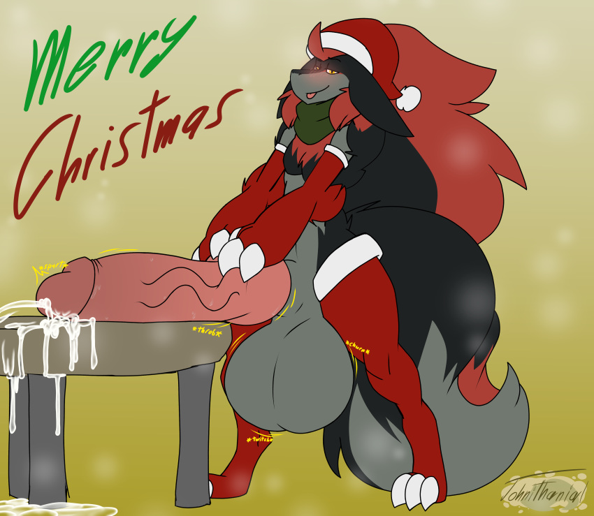 1boy 2018 alternate_color anthro canine christmas clothing cum erection furry hat holidays huge_testicles humanoid_penis hyper hyper_penis hyper_testicles john_(johnithanial) johnithanial knot leggings legwear male male_anthro male_only male_zoroark mega_evolution messy nintendo original_character penis pokémon_(species) pokemon pokemon_(species) pokemon_bw santa_hat scarf solo standing testicles text thick_thighs veins veiny_penis video_games watermark wide_hips zoroark