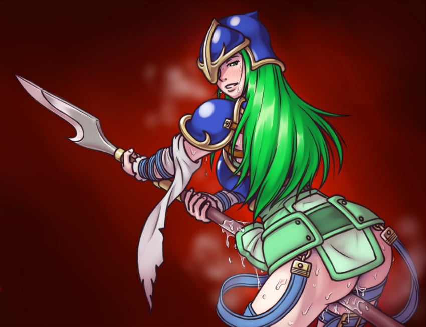 armor breastplate disheveled fire_emblem fire_emblem:_path_of_radiance fire_emblem:_radiant_dawn green_hair grinding helmet kreschun long_hair looking_at_viewer looking_back masturbation nephenee_(fire_emblem) nintendo no_panties pussy_juice spear sweat weapon