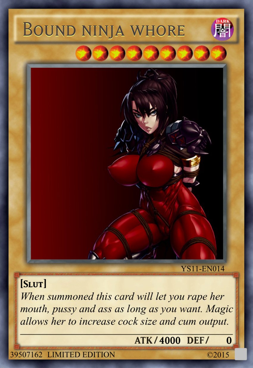 1girls abs angry arms_behind_back big_breasts black_hair bodysuit bondage bound breasts card crossover curvy female female_only huge_breasts human mikoyan muscular_female ninja slave soul_calibur soul_calibur_vi taki text thick_thighs yu-gi-oh! yu-gi-oh!_card