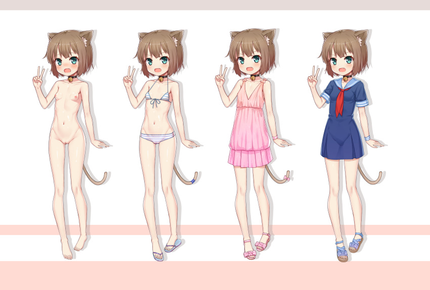 animal_ears barefoot bell bell_choker bikini blush breasts brown_hair cat_ears cat_girl cat_tail choker dress embarrassed feet female full_body green_eyes lineup looking_at_viewer multiple_persona navel nipples nude oerba_yun_fang open_mouth open_toe_shoes original pussy school_uniform shadow short_hair small_breasts standing swimsuit tail taku_michi toes uncensored v