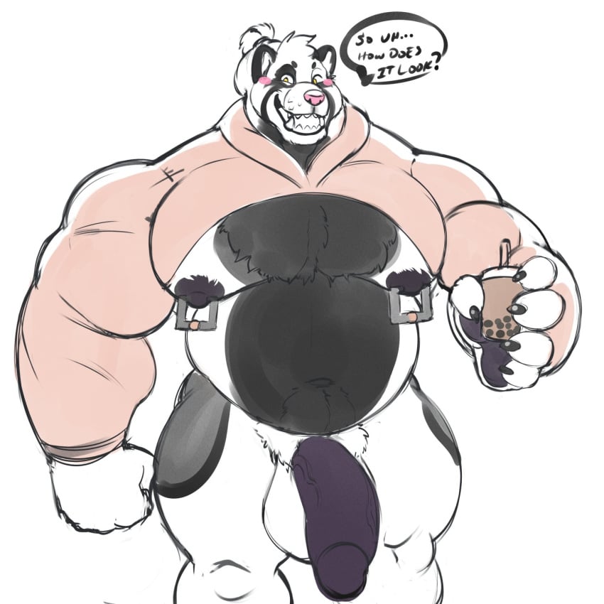 anthro balls beverage big_penis flaccid looking_at_viewer male male_only mammal meme musclechub muscular muscular_male nipple_piercing nipples open_mouth pecs penis piercing pubes red_panda siriusdog smile solo standing twitter_hoodie