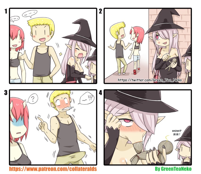 1boy 3girls 4koma :>= :d ? absurdres anger_vein arm_up artist_name bag black_dress black_hat black_sleeves blank_eyes blonde_hair blue_shorts blush breasts brick_wall cleavage clenched_teeth closed_eyes closed_mouth collarbone comedy commentary_request crop_top detached_sleeves dress earrings erection erection_under_clothes fellatio female funny gawk_gawk_3000 green_pants greenteaneko hair_over_one_eye hand_in_pocket handbag hat highres holding horns humor index_finger_raised jewelry large_breasts long_hair long_sleeves male mongirl_4koma mother_and_daughter multiple_girls nose_blush open_mouth oral original pants pink_eyes pointy_ears purple_hair red_footwear red_hair remote_transfer shoes short_shorts shorts shoulder_bag sleeveless sleeveless_dress smile spit_take spitting spoken_question_mark strapless strapless_dress stud_earrings sweat teeth translation_request turn_pale v-shaped_eyebrows very_long_hair voodoo_doll watermark web_address witch witch_hat |_|