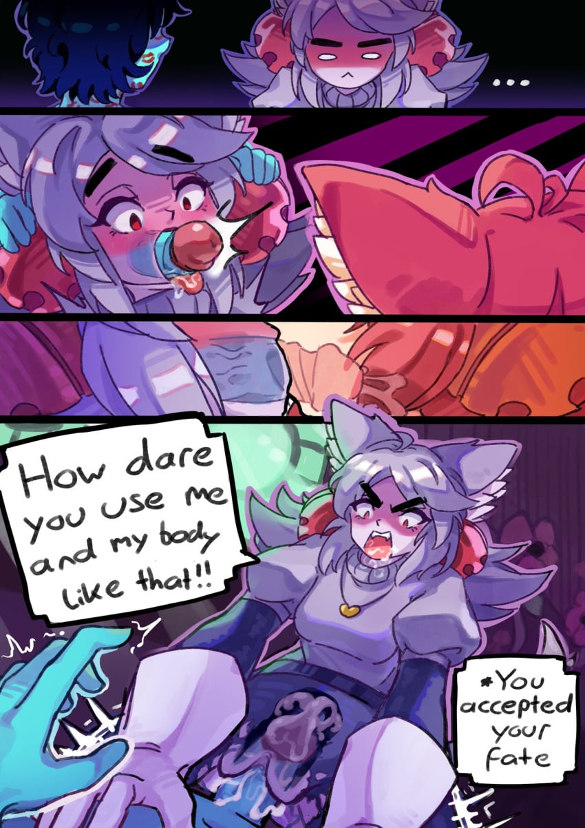 2girls blowjob cat_ears cat_girl catgirl comic cum cum_in_pussy cum_inside deltarune dialogue double_fellatio female ghost ghost_girl irritable_ghost_(deltarune) kissing kris_(deltarune) mad_mew_mew penis pink_(deltarune) pink_hair sex text_bubble undertale_(series) vaginal vaginal_penetration vaginal_sex vasuwaru white_gloves