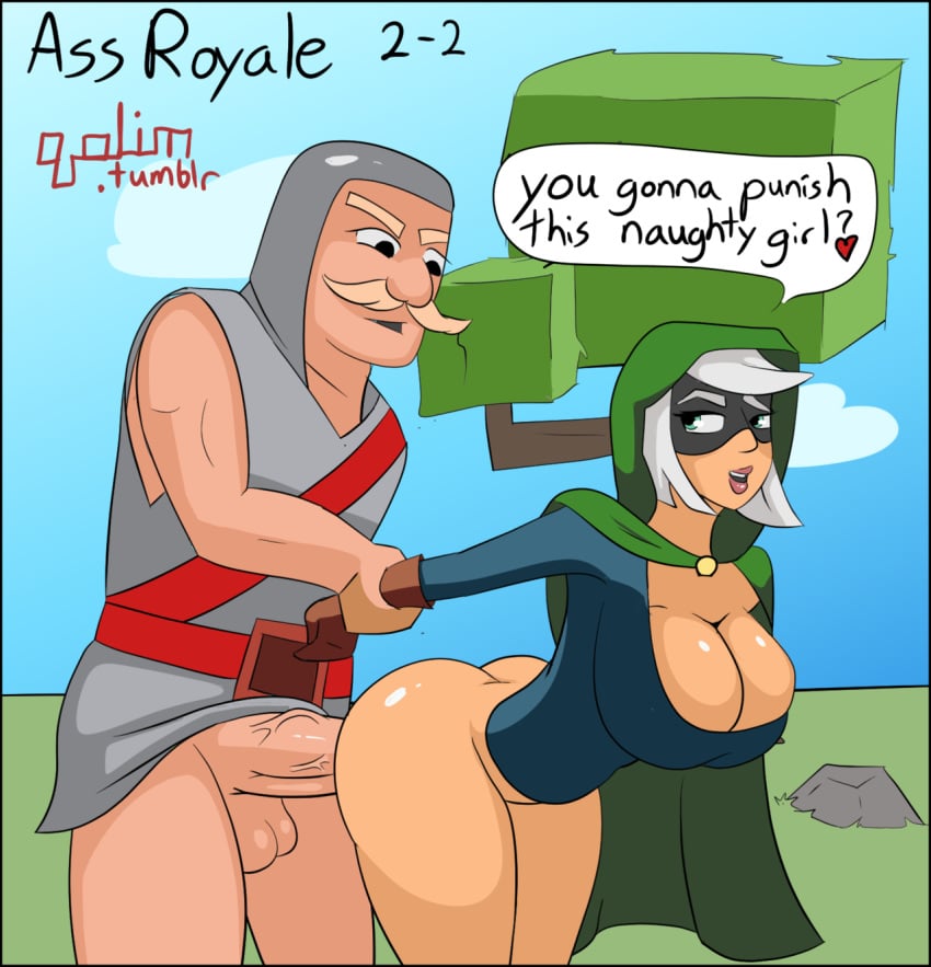 ass bandit_(clash_royale) big_ass big_breasts big_penis bottomless bottomless_female breasts breasts_bigger_than_head clash_(series) clash_royale cleavage cloak clothed clothed_female clothed_male clothed_sex clothing comic dress english_text female gloves heart holding_arm huge_breasts huge_cock kilt kilt_up knight_(clash) large_breasts male mask masked masked_female penis qolim sex shiny shiny_skin smile speech_bubble straight tagme text vaginal_penetration veiny_penis