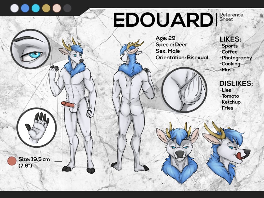 anthro ass balls cervine edouard_elrich english_text erection fur hi_res jaggiekant male mammal model_sheet nude penis solo text tongue tongue_out white_fur