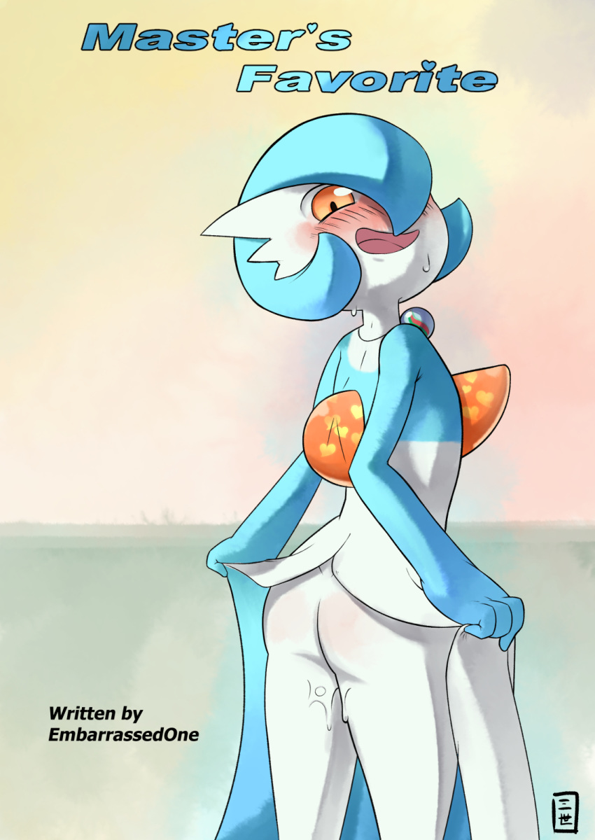 1girls ass blue_hair blue_skin blush bottomless cover dress flat_chest gardevoir mega_stone nintendo no_breasts original_character pok&eacute;mon_(species) pokemon pokemon_(species) pokemon_rse shiny_pokemon text threeworlds vaginal_secretions watermark wet wet_pussy white_skin