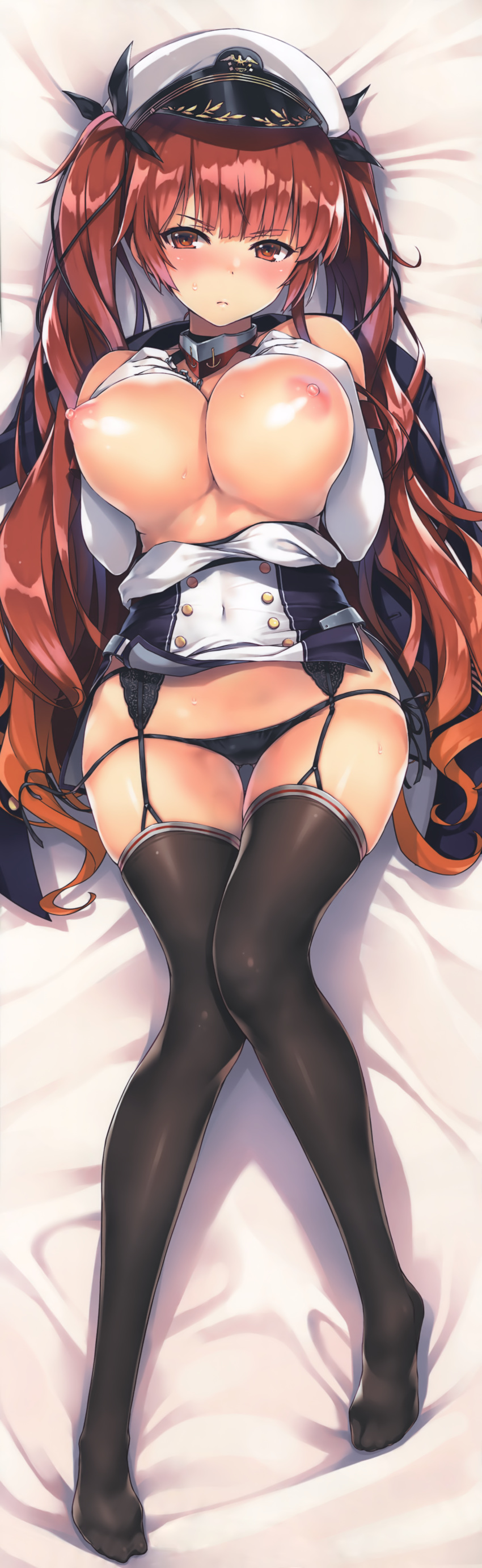 absurdres azur_lane bed_sheet black_legwear black_panties blush breasts choker dakimakura elbow_gloves female full-face_blush garter_belt garter_straps gloves hat highres honolulu_(azur_lane) huge_filesize large_breasts lying nipples on_back panties red_eyes red_hair scan shirt_pull side-tie_panties skindentation solo string_panties thighhighs tomose_shunsaku twintails underwear untied untied_panties white_gloves