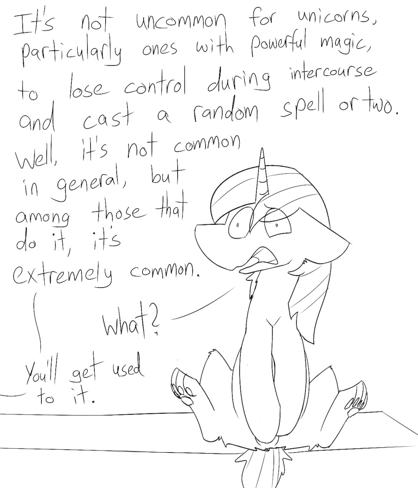 2016 a_questionable_pony_blog alternate_species anus covering covering_self dialogue digitigrade ears_down equine feral friendship_is_magic hair hi_res horn horse hybrid line_art mammal mane_hair monochrome my_little_pony nude offscreen_character on_table open_mouth pawpads paws pony post_transformation pussy shining_armor_(mlp) shocked sitting solo spread_legs spreading subtle_anus table unicorn x_anus