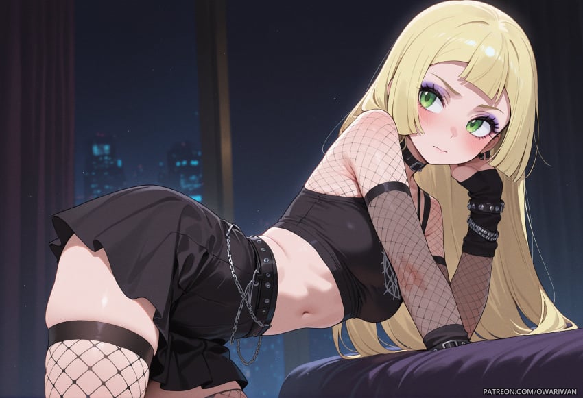 1girls ai_generated ass blonde_hair breasts clothing eyeshadow female fishnets goth goth_girl green_eyes lillie_(pokemon) nintendo owari_wan pokemon pokemon_sm purple_eyeshadow skirt tagme