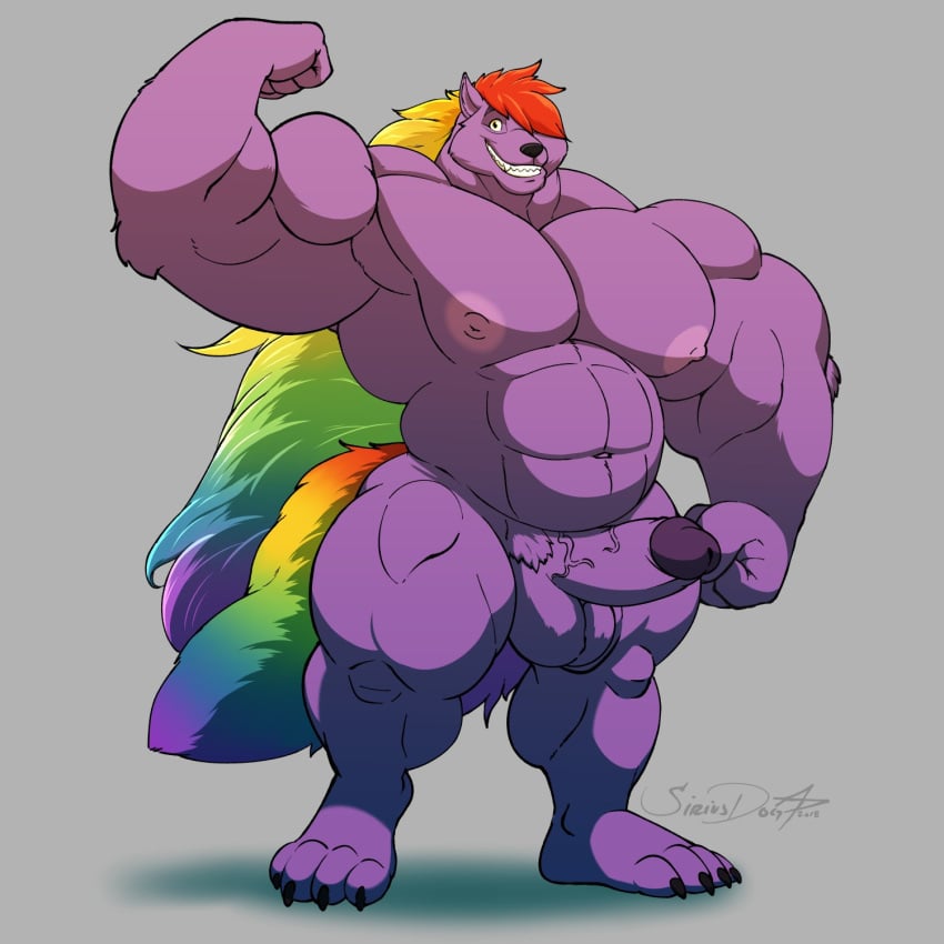 anthro balls canine erection flexing hair huge_muscles humanoid_penis looking_at_viewer male male_only mammal multicolored_hair muscular muscular_male nude pecs penis pubes rainbow_hair siriusdog smile solo standing vein