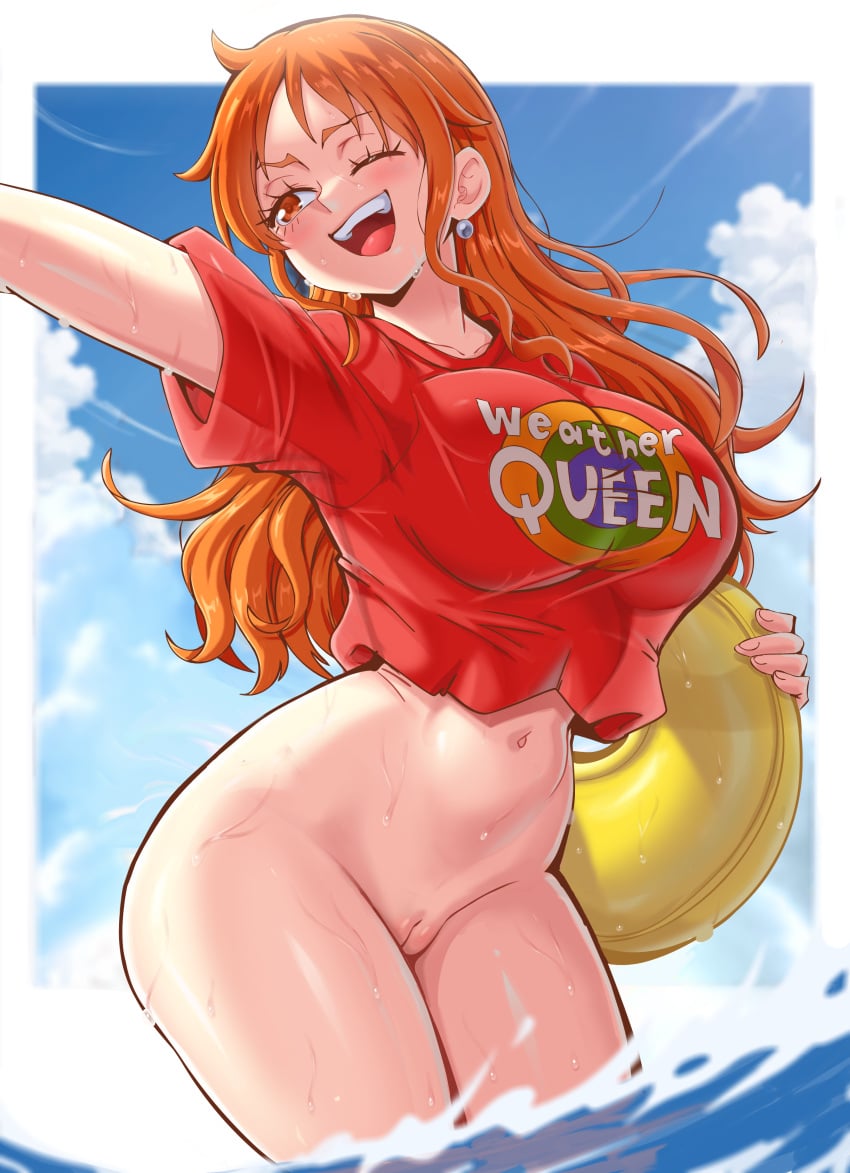 ;d bangs blue_sky blurry blush bottomless breasts covered_nipples depth_of_field earrings female jewelry large_breasts lewdamone long_hair looking_at_viewer nami_(one_piece) navel one_eye_closed open_mouth orange_eyes orange_hair orange_hair_female outdoors pussy shirt sky smile solo standing tagme wading water