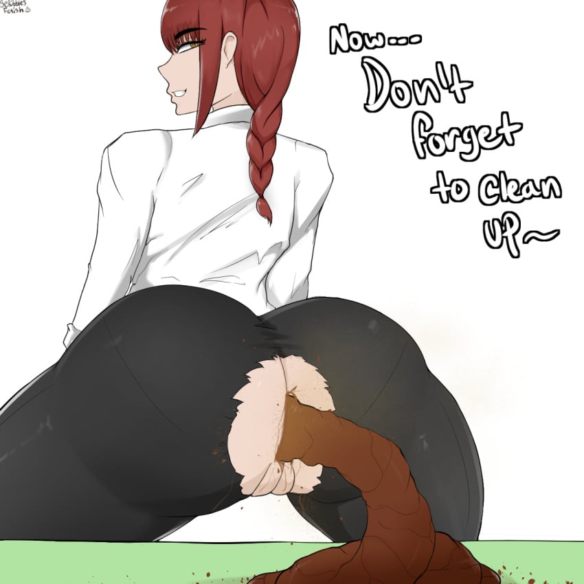 chainsaw_man dialogue grin makima_(chainsaw_man) pants pussy red_hair scat scribblesfetish scribbleshentai shit text white_background white_shirt