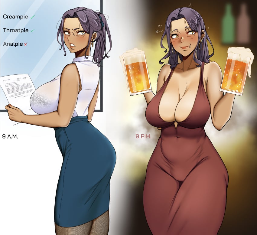 1girls beer beer_mug big_breasts breasts cleavage clothed clothing dress drunk earrings english_text female female_only glasses heart hi_res large_breasts long_hair mature mature_female mature_woman milf original ponytail solo solo_female suo68 text thick_thighs wide_hips