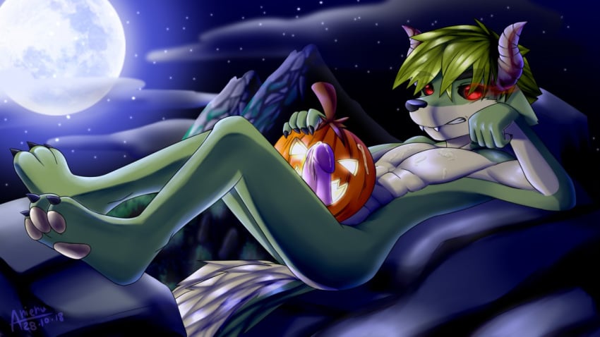 arieru_positive arieru_the_fox bestial clothing feral food fruit fucking_pumpkin male male_only muscular night paws pumpkin red_eyes solo underwear