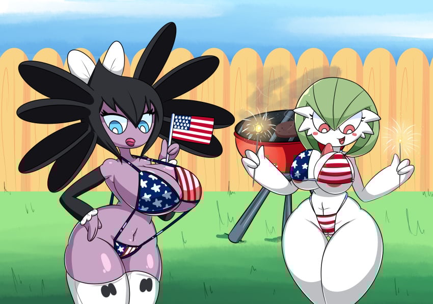 american_flag_bikini big_breasts bikini busty busty_female cartoony female gardevoir gothitelle grill jdkdoodles pokemon pokemon_(species) thick_hips thick_thighs