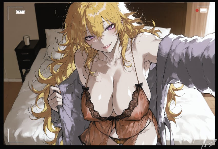 1girls ai_generated bathrobe bedroom blonde_hair female huge_breasts kizirugai naughty_face panties recording rwby sagging_breasts seductive_smile see-through_clothing selfie tagme yang_xiao_long