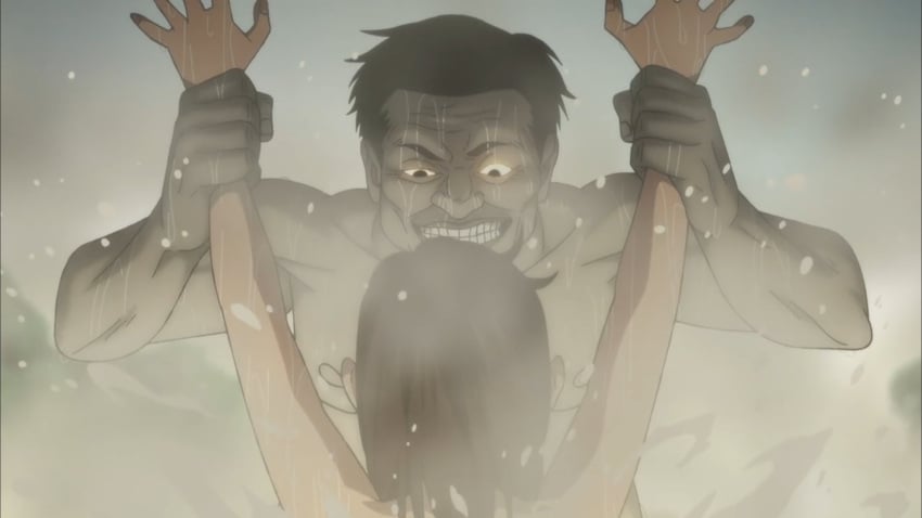 1boy 1girls anime attempted_rape ayase_momo bathhouse brown_hair dandadan dark-skinned_male female glowing_eyes holding_wrists inminent_rape inminent_rape_attemtp light-skinned_female male official_animation official_art older_male older_male_and_younger_female onsen rape rape_attempt restrained screencap short_hair smirking trapped ugly_bastard ugly_man wet_skin younger_female