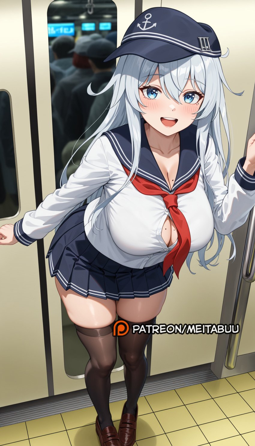 aged_up ai_generated alternate_breast_size anchor_symbol black_headwear black_sailor_collar black_skirt black_thighhighs blue_eyes blue_sailor_collar blue_skirt blush bra bra_peek breasts brown_footwear bursting_breasts button_gap cleavage collarbone female flat_cap full_body grey_hair hair_between_eyes hat hibiki_(kancolle) hibiki_(kantai_collection) kantai_collection large_breasts leaning_forward loafers long_hair long_sleeves looking_at_viewer meitabuu miniskirt mole mole_on_breast neckerchief open_mouth pleated_skirt red_neckerchief sailor_collar school_uniform serafuku shirt shoes skirt smile solo solo_focus standing teeth thighhighs thighs train_interior upper_teeth_only white_hair white_shirt zettai_ryouiki